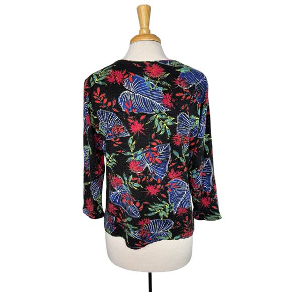 CHICOS Black Tropical Floral Rayon Blend 3/4 Sleeve Top Size Large (2) Pullover - Picture 3 of 11